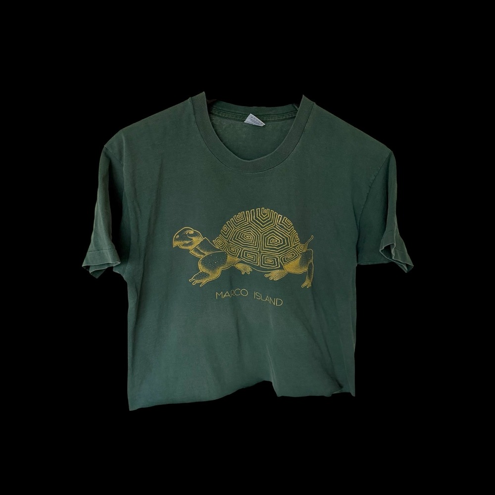 Vintage 80's Marco Island Turtle Cropped Raw Hem T-Shirt Green L Faded Distress